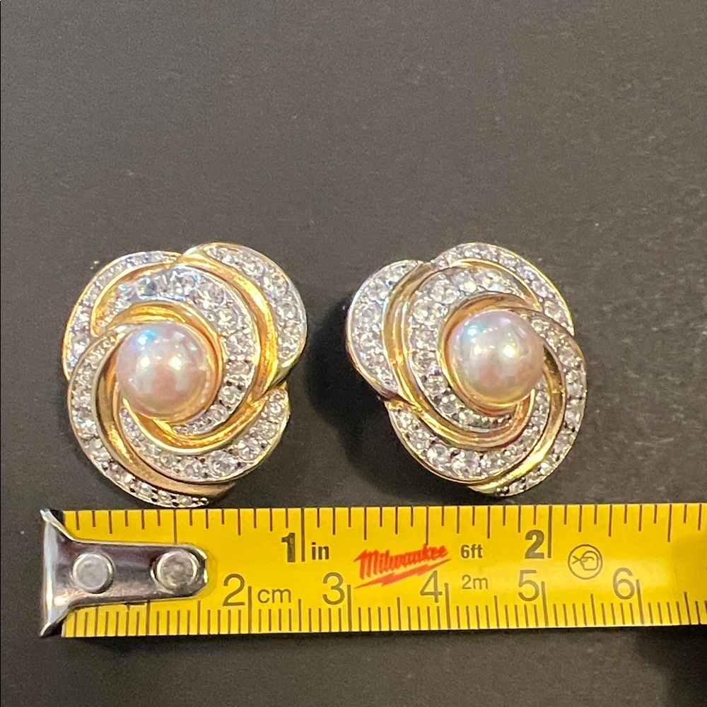 Rare Vintage Nolan Miller Pearl & Pavé Clip-On Earrings - Picture 2 of 4